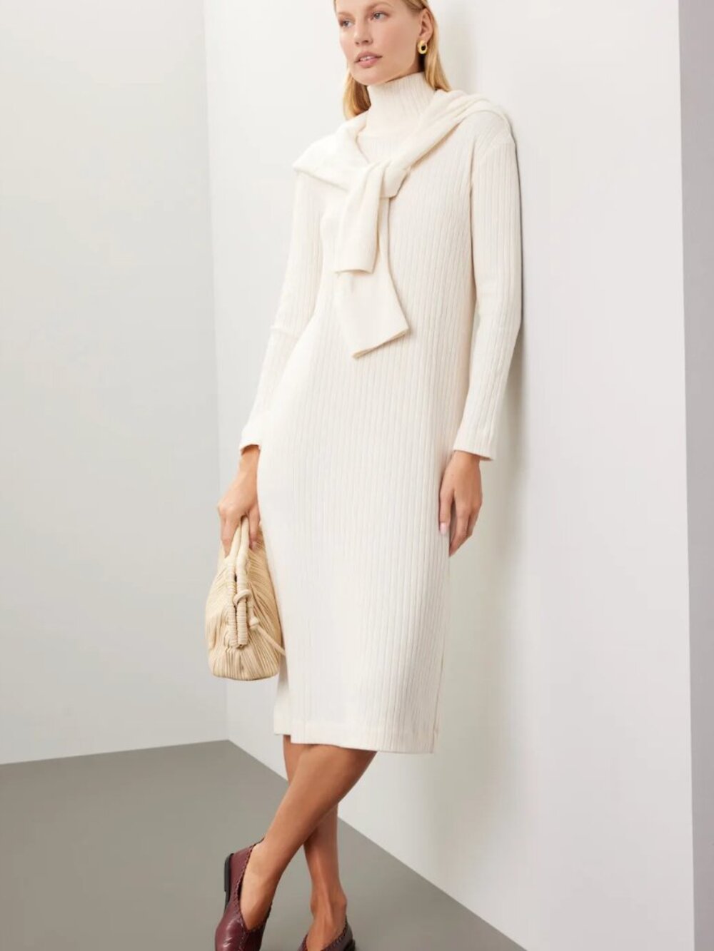 DONNI. Rib Sweater Dress in Off White Long Sleeve Midi Turtleneck Mock Neck M